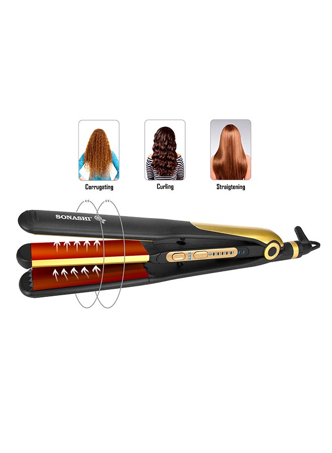 SONASHI - 2 in 1 Hair Straightener And Crimper With Ceramic Coating Plates Crimper Plate For Perfect Waves PTC Heating LED Indicator Lock Function On And Off Switch Temperature Control Suitable For All Hair Types  SHS-2082 Black/Gold 33cm - Image 1