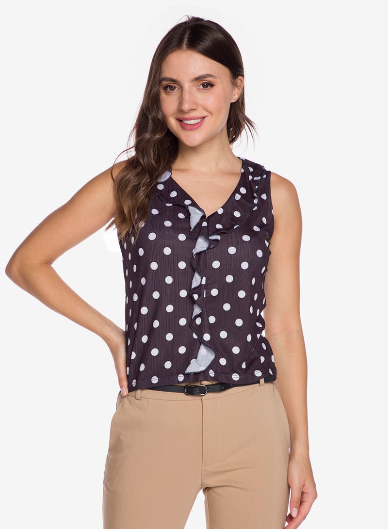 R&B Polka Dot Printed Sleeveless Top With Ruffle Detail Navy Blue/White  - Image 1