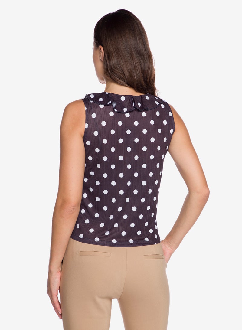 R&B Polka Dot Printed Sleeveless Top With Ruffle Detail Navy Blue/White  - Image 2