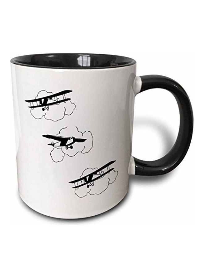 Vintage Cartoon Biplanes Printed Ceramic Mug Black/White