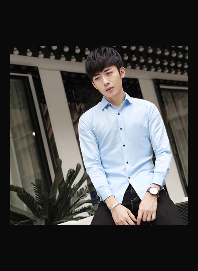 Men Fashion Slim Shirt Long- Sleeved light blue - Image 3