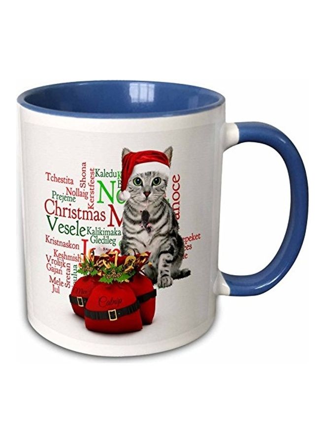 3DROSE Christmas Tabby Cat With Mouse In A Santa Mug White/Blue