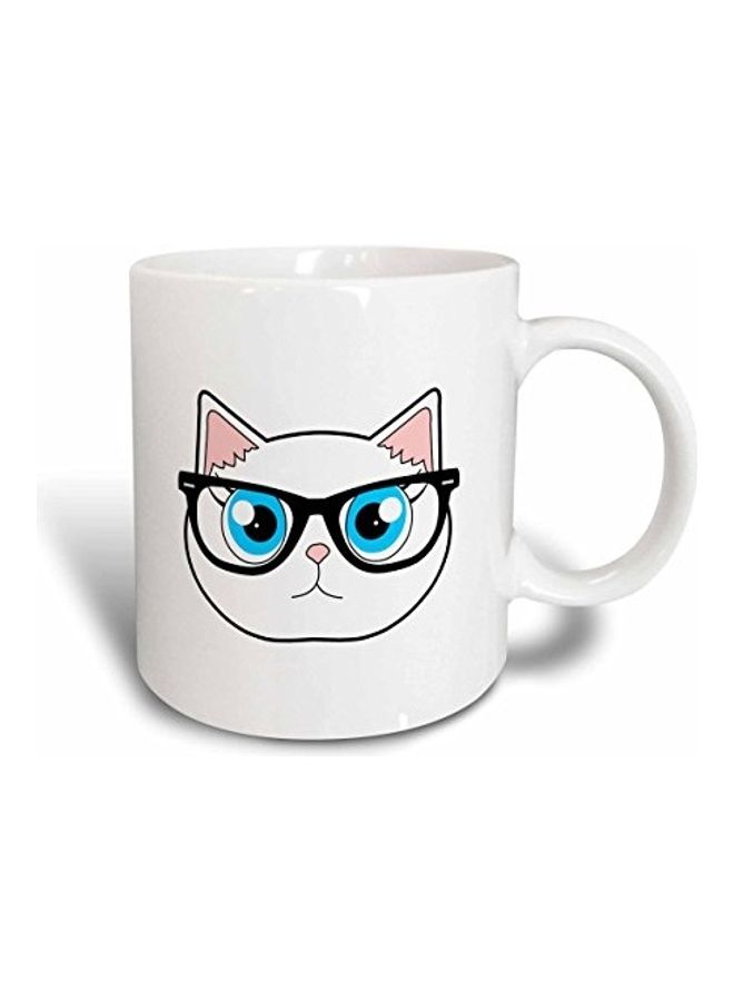 3DROSE Cute Hipster Cat Ceramic Mug White/Blue - Image 1