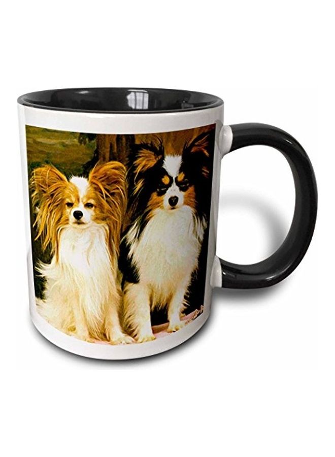 3Dروز مج بلون أسود مزين برسمة لكلبي بابليون بلونين متعدد الألوان