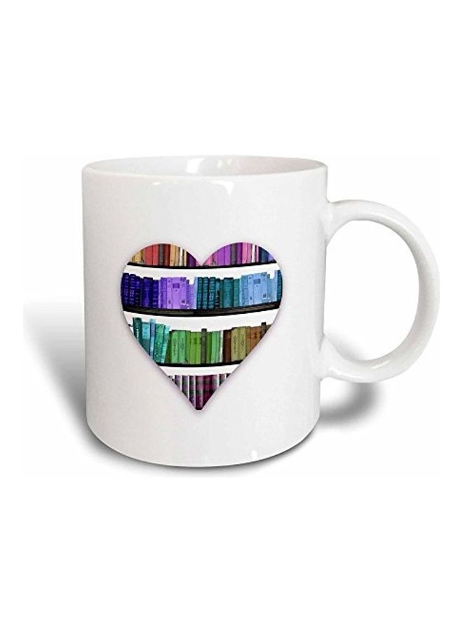 3Dروز فنجان كبير سحري يغير لونه بطبعة صورة رف يحتوي على كتب ملونة بـالوان قوس القزح داخل شكل القلب أبيض - Image 1
