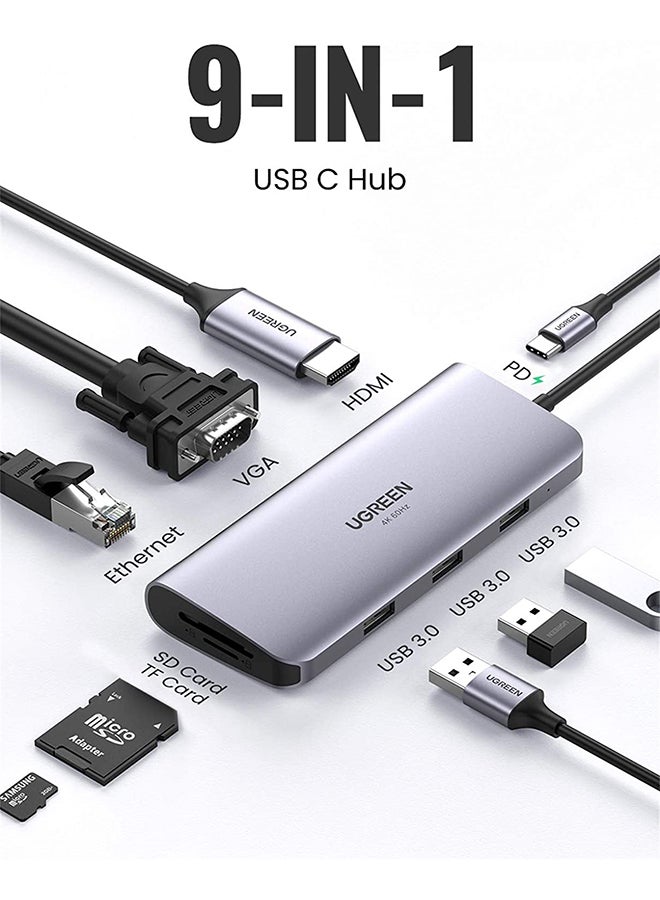 Ugreen - USB C Hub 9-in-1 Type C to 4K 60Hz HDMI Multiport Adapter Dock with VGA, Gigabit Ethernet, PD Charging, 3 USB 3.0 Ports SD Card Reader Grey - Image 1