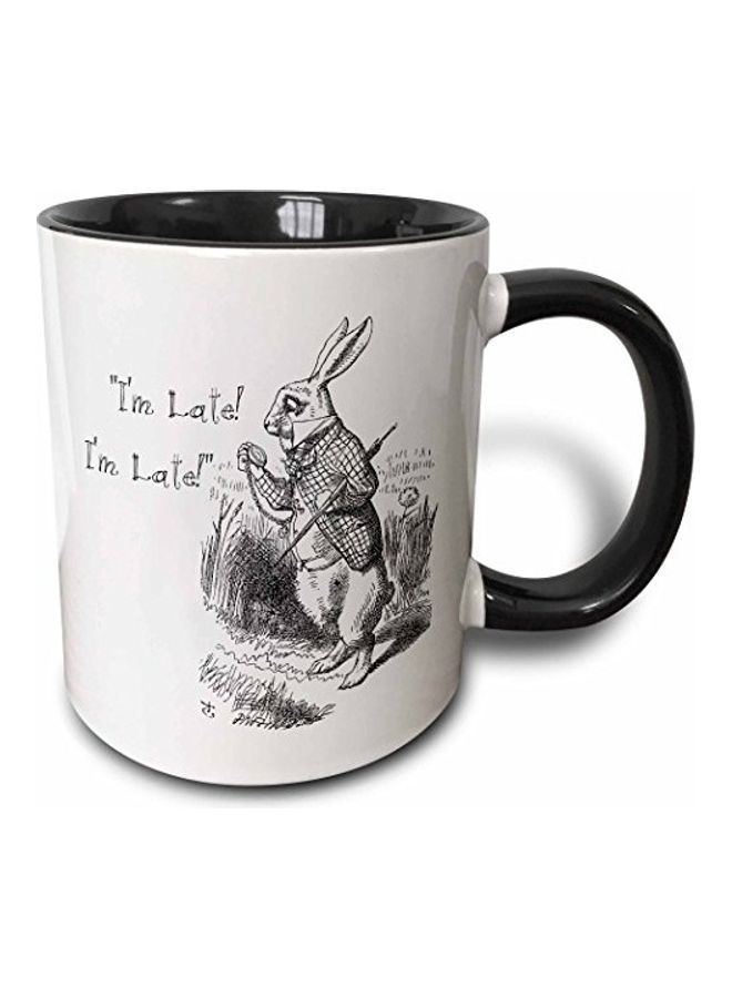 3Dروز "مج مطبوع عليه عبارة "I'm Late" وارنب من فيلم Alice In Wonderland أسود/ أبيض