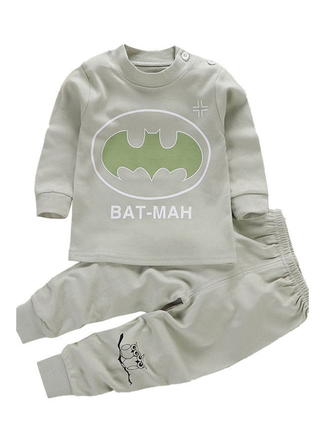 طقم بنطال وتيشيرت بأكمام طويلة من قطعتين رمادي/أخضر