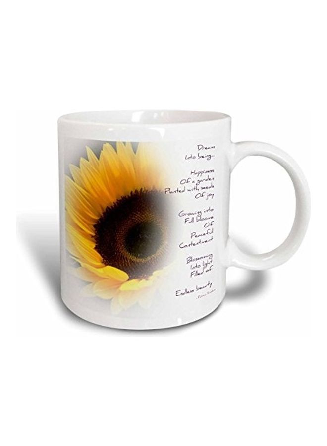 مج مطبوع عليه زهرة عباد الشمس وقصيدة "Dream " أبيض/أصفر/أسود