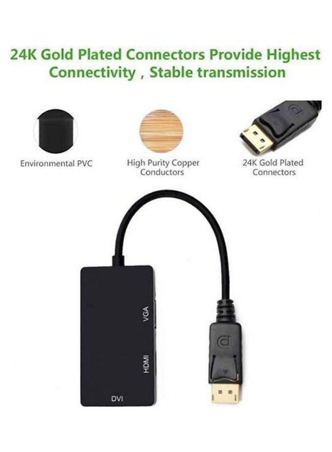 محول 3 في 1 من منفذ شاشة DP ذكر إلى منافذ HDMI وDVI وVGA أسود