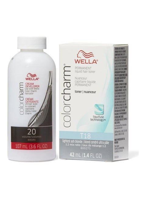 2-Piece Color Charm Permanent Liquid Hair Toner T18 with CC Cream 20 Developer Ash Blonde Toner (42ml) and Developer (107ml)