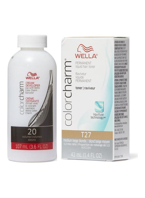 2-Piece Color Charm Permanent Liquid Hair Toner T27 with CC Cream 20 Developer Medium Beige Blonde Toner (42ml) and Developer (107ml)