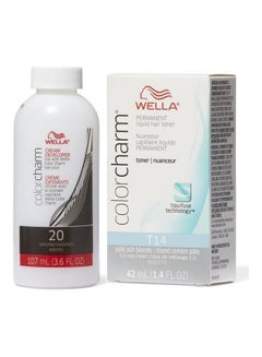 2-Piece Color Charm Permanent Liquid Hair Toner T14 with CC Cream 20 Developer Pale Ash Blonde Toner (42ml) and Developer (107ml)
