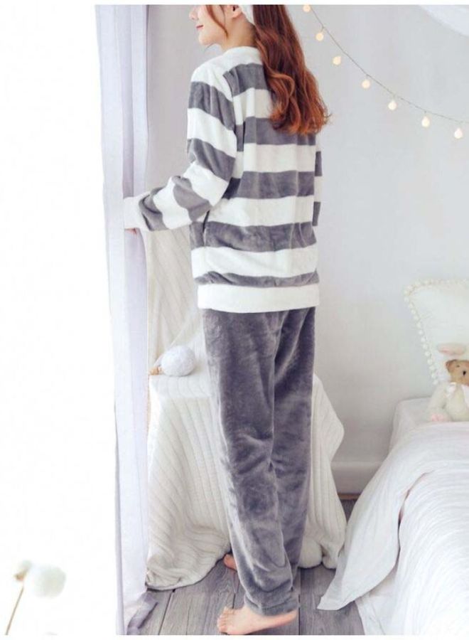 Beauenty Striped Flannel Pajama Set Grey/White - Image 2