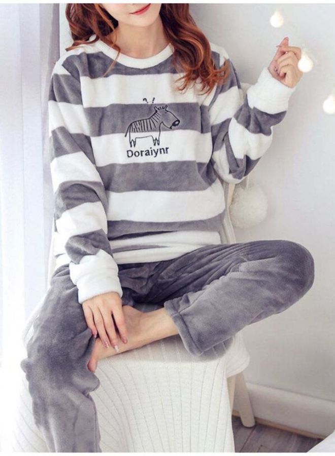 Beauenty Striped Flannel Pajama Set Grey/White - Image 3