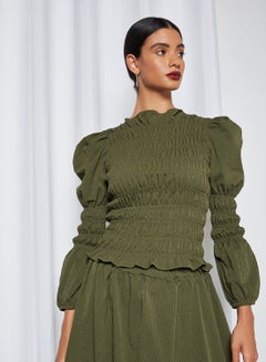 GHOSPELL Puff Sleeve Shirred Top Green  - Image 1