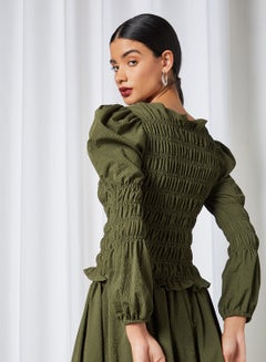 GHOSPELL Puff Sleeve Shirred Top Green  - Image 2