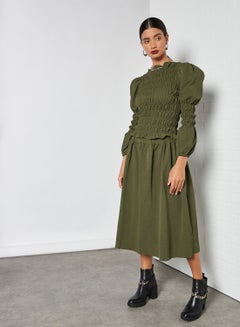 GHOSPELL Puff Sleeve Shirred Top Green  - Image 3