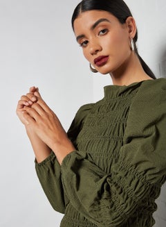 GHOSPELL Puff Sleeve Shirred Top Green  - Image 4