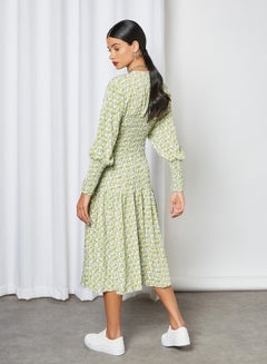 GHOSPELL All Over Patterned Smocked Dress Green  - Image 2