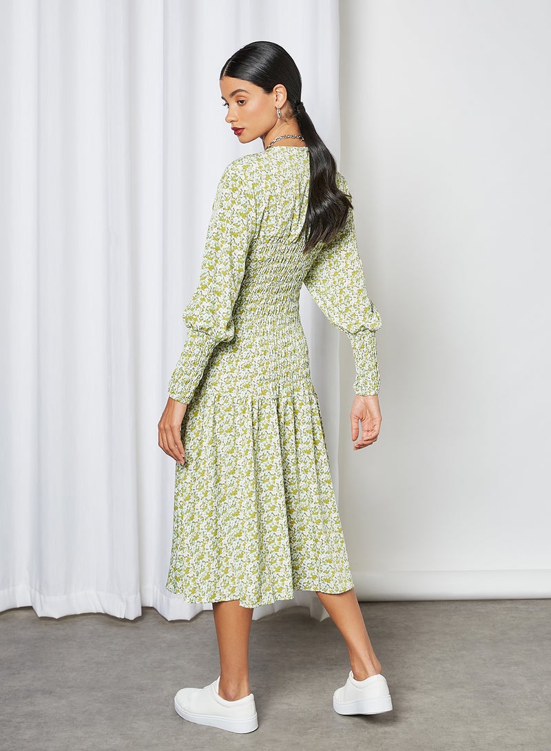 GHOSPELL - All Over Patterned Smocked Dress Green - Image 1