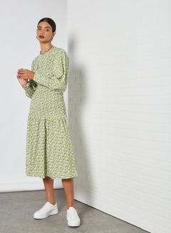 GHOSPELL All Over Patterned Smocked Dress Green  - Image 3