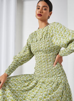 GHOSPELL All Over Patterned Smocked Dress Green  - Image 4