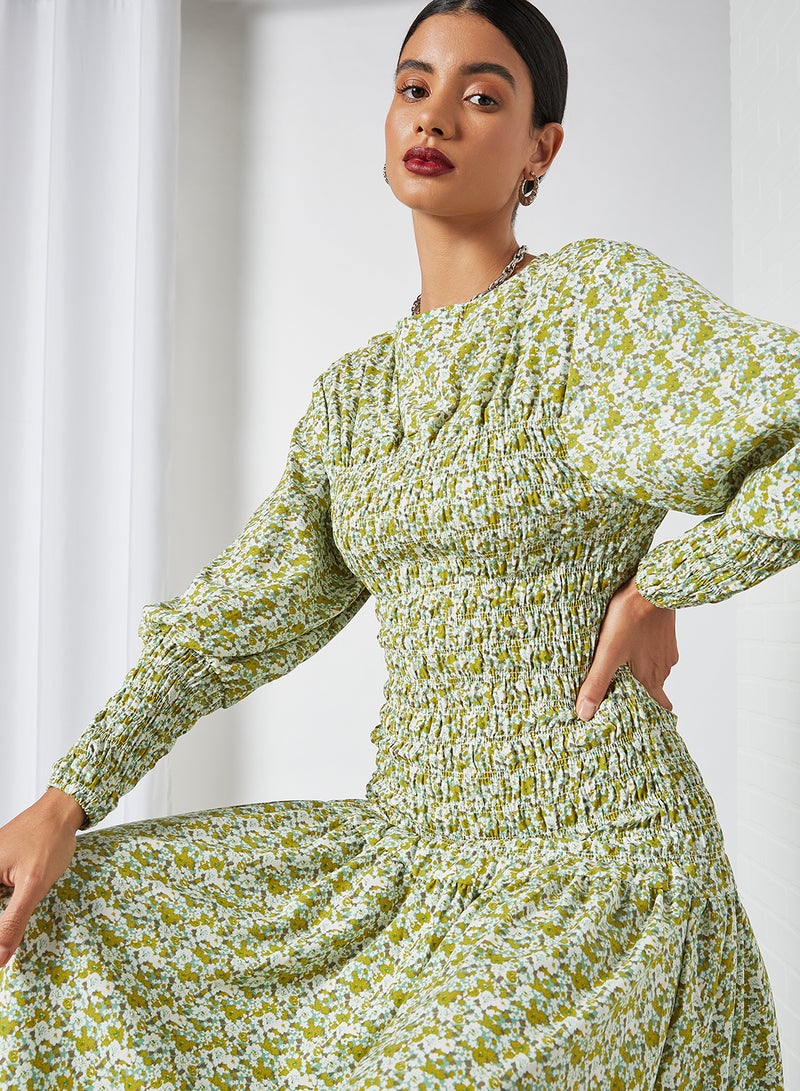 GHOSPELL - All Over Patterned Smocked Dress Green - Image 1