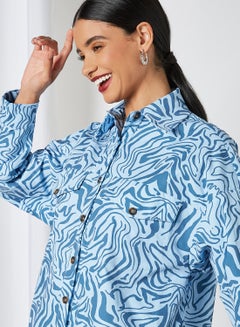 GHOSPELL All Over Patterned Oversized Shirt Blue  - Image 4