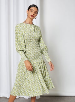 GHOSPELL All Over Patterned Smocked Dress Green  - Image 1