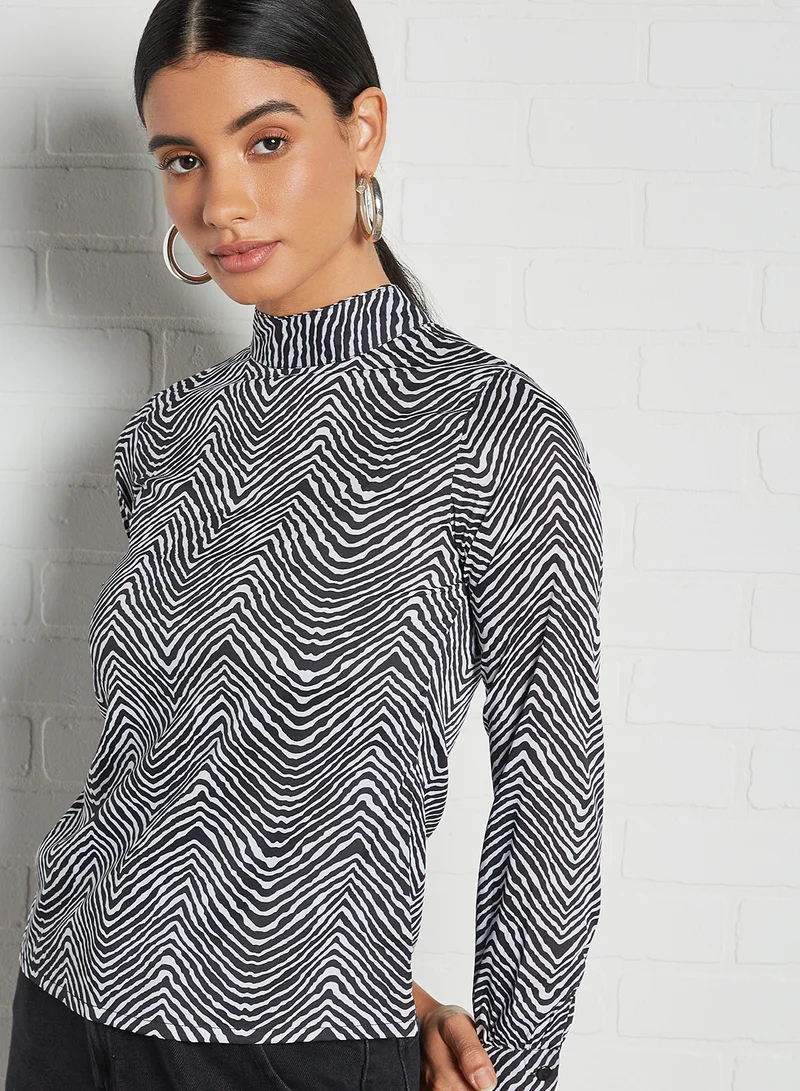 High Streets All-Over Print High Neck Top Black