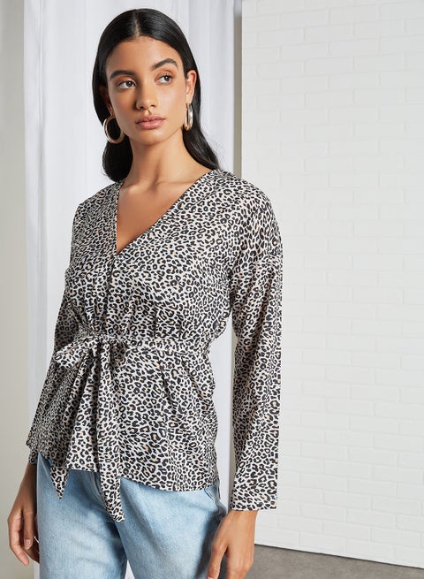 Leopard Print Belted Top Multi