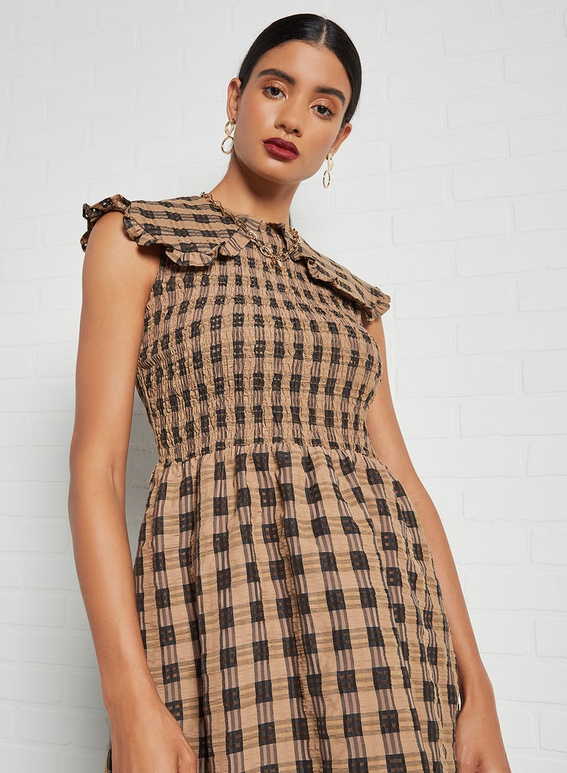 GHOSPELL - Checkered Midi Dress Brown - Image 1