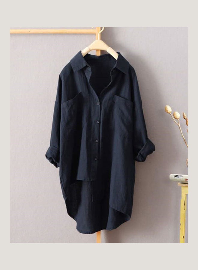 Summer Spring Dual Pockets Lapel Shirt Dark Blue - Image 2