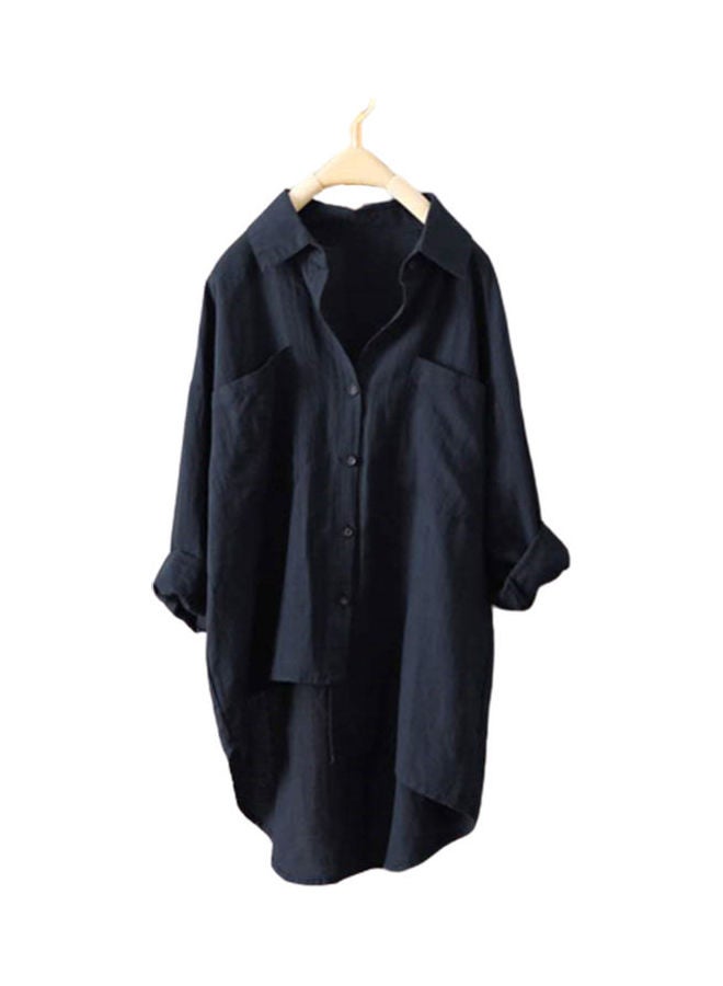 Summer Spring Dual Pockets Lapel Shirt Dark Blue - Image 1
