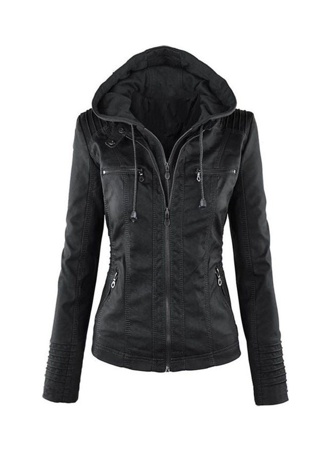 Long Sleeve Zipper Leather Hooded Jacket Black  - Image 1