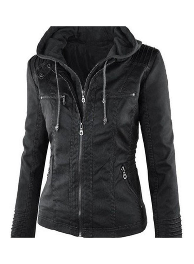 Long Sleeve Zipper Leather Hooded Jacket Black  - Image 3