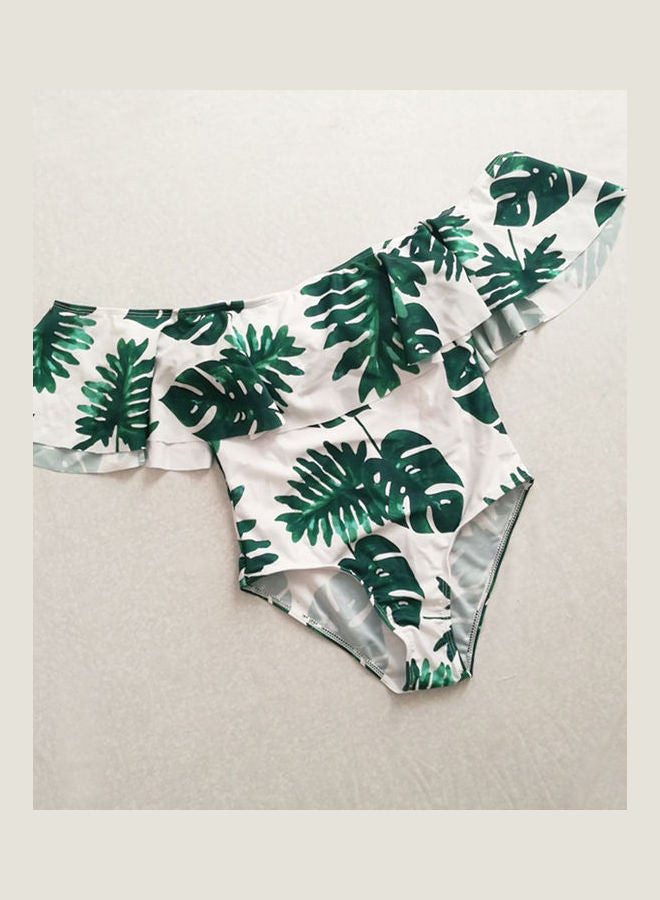 Generic Boat Neck Collar Printing One-Piece Bikini White/Green 