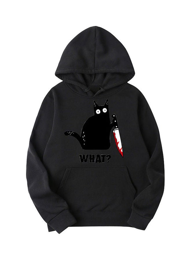 Cat Graphic Printed Thicken Hoodie Black 
