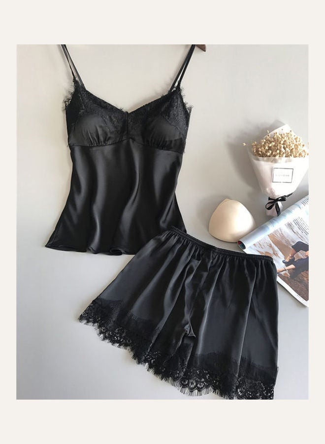 2-Piece Lace Sling Top And Shorts Set Black - Image 1