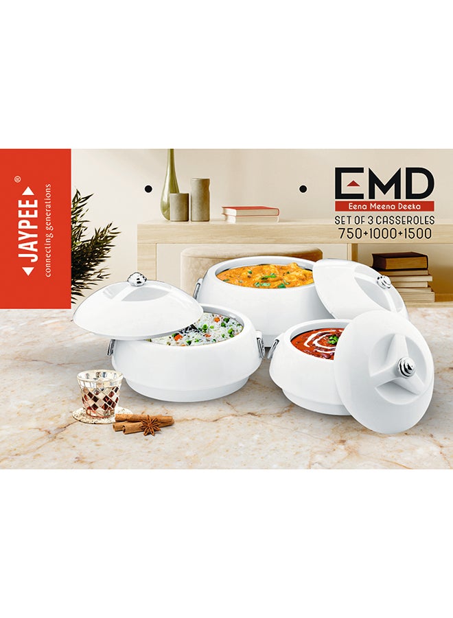 JAYPEE Eena Meena Deeka Casserole Set of 3 Pieces -(1500+1000+750 ml) White - Image 5