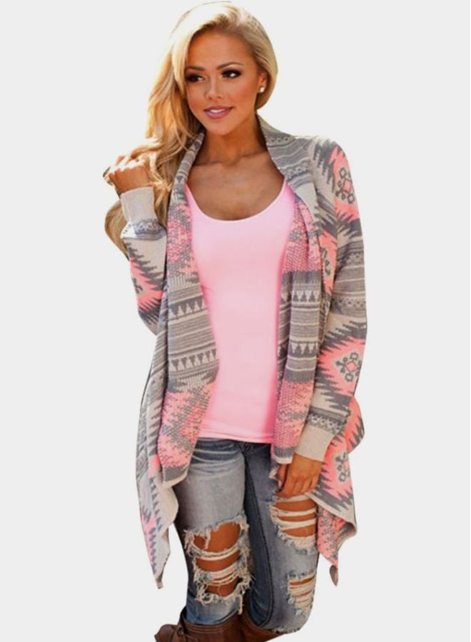 QiaoKai Printed Irregular Cardigan Grey/Pink/White  - Image 1