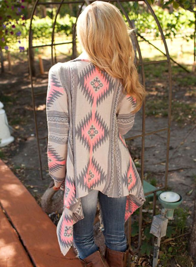 QiaoKai Printed Irregular Cardigan Grey/Pink/White  - Image 2
