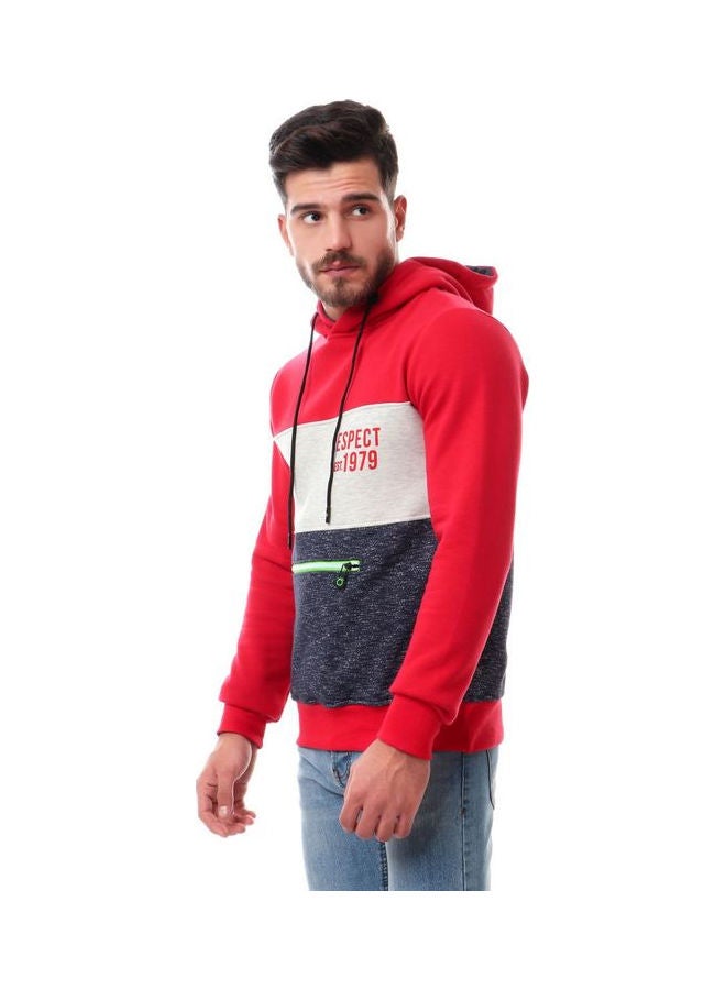 WHITE RABBIT Tri-Tone Hoodie With Front Zipper Pocket Red,OffWhite/NavyBLue - Image 2