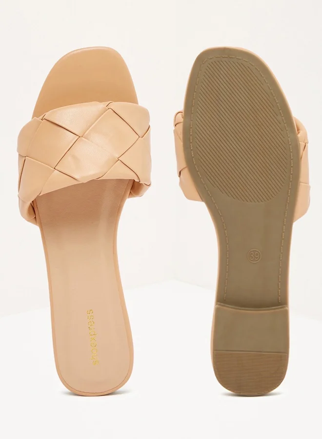 shoexpress Solid Woven Slip On Slide Casual Sandals Beige