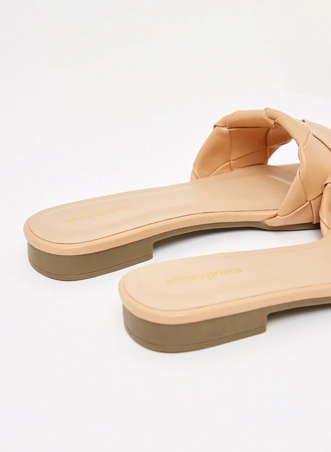 shoexpress Solid Woven Slip On Slide Casual Sandals Beige