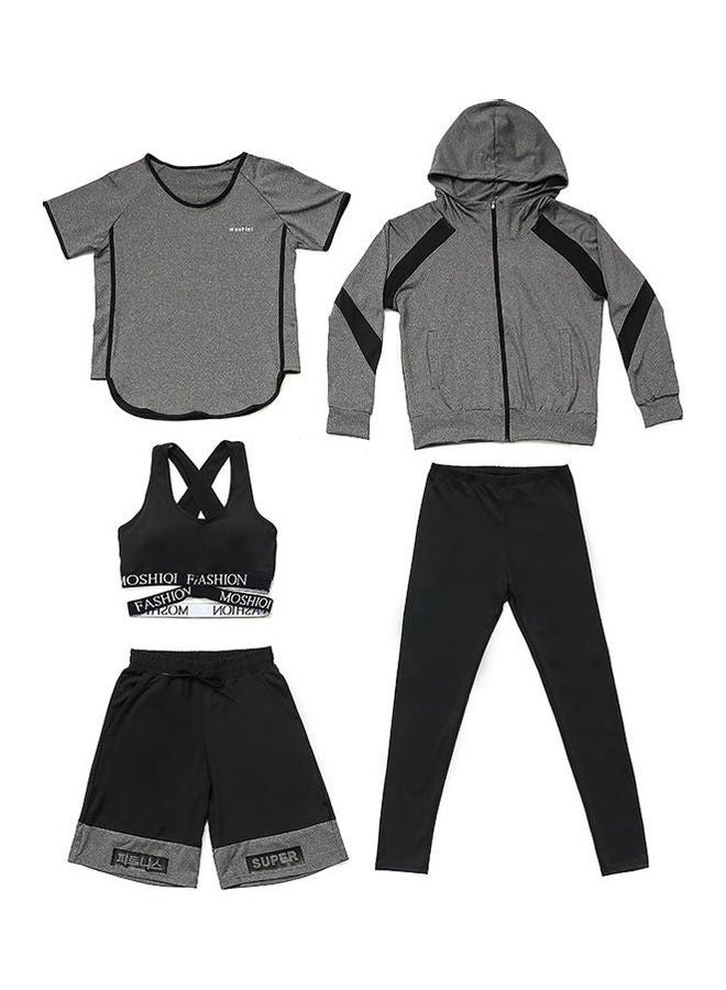 JOLLY 5-Piece Long Sleeve Crop Top Bra Short Yoga Sets Grey/Black  - Image 5