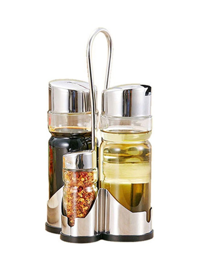 4-Piece Seasoning Bottle Set Silver/Clear 2xDispensers (6 oz), 2xShakers (1.5 oz), 1 Caddy Stand - Image 1