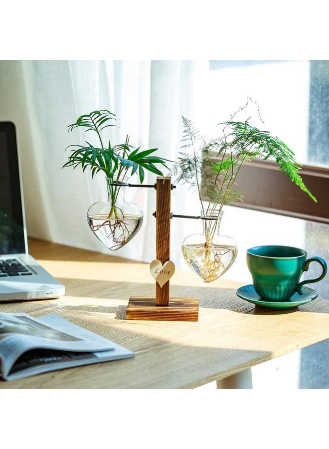 XiuWoo - Creative Dual Heart Bud Vase With Wooden Stand Multicolour one size cm - Image 1