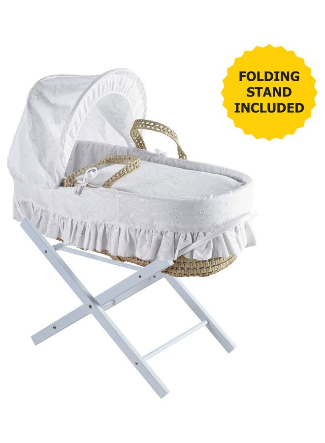 Kinder Valley Broderie Anglaise Palm Moses Basket With Folding Stand - White - Image 1